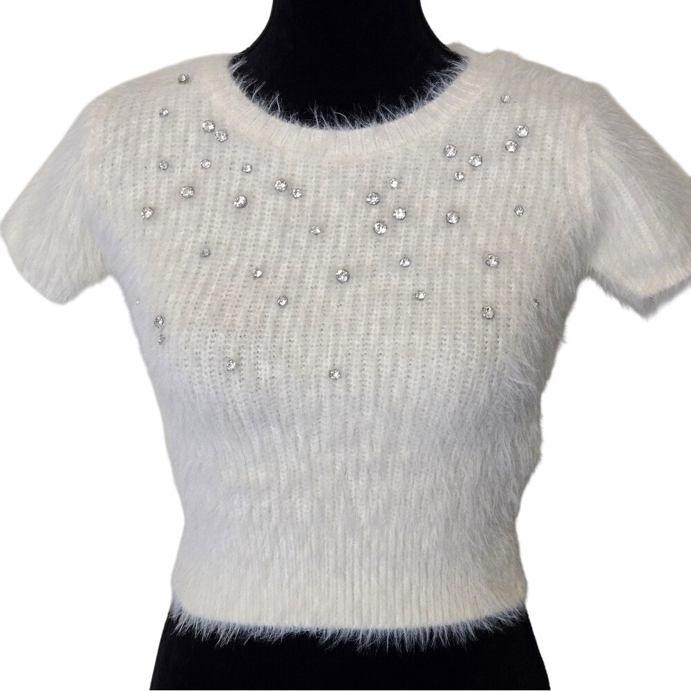 ZARA/Elegant White Faux Fur/Embellished Top/Size S